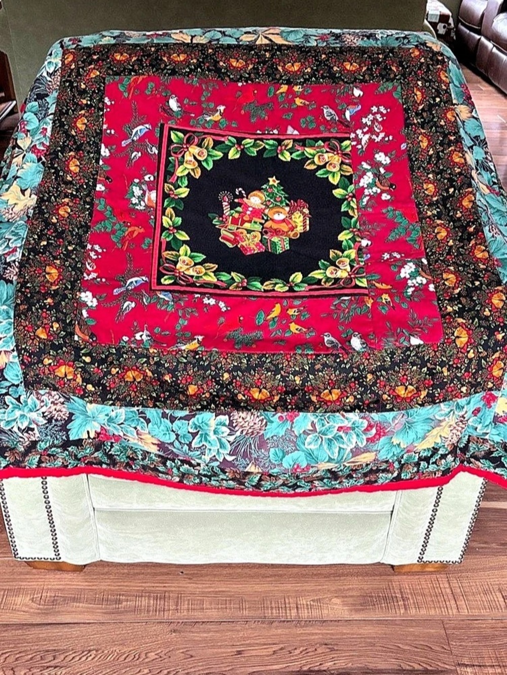 Homemade Floral Christmas Patchwork Quilt in Red & Blue,50” x 50”